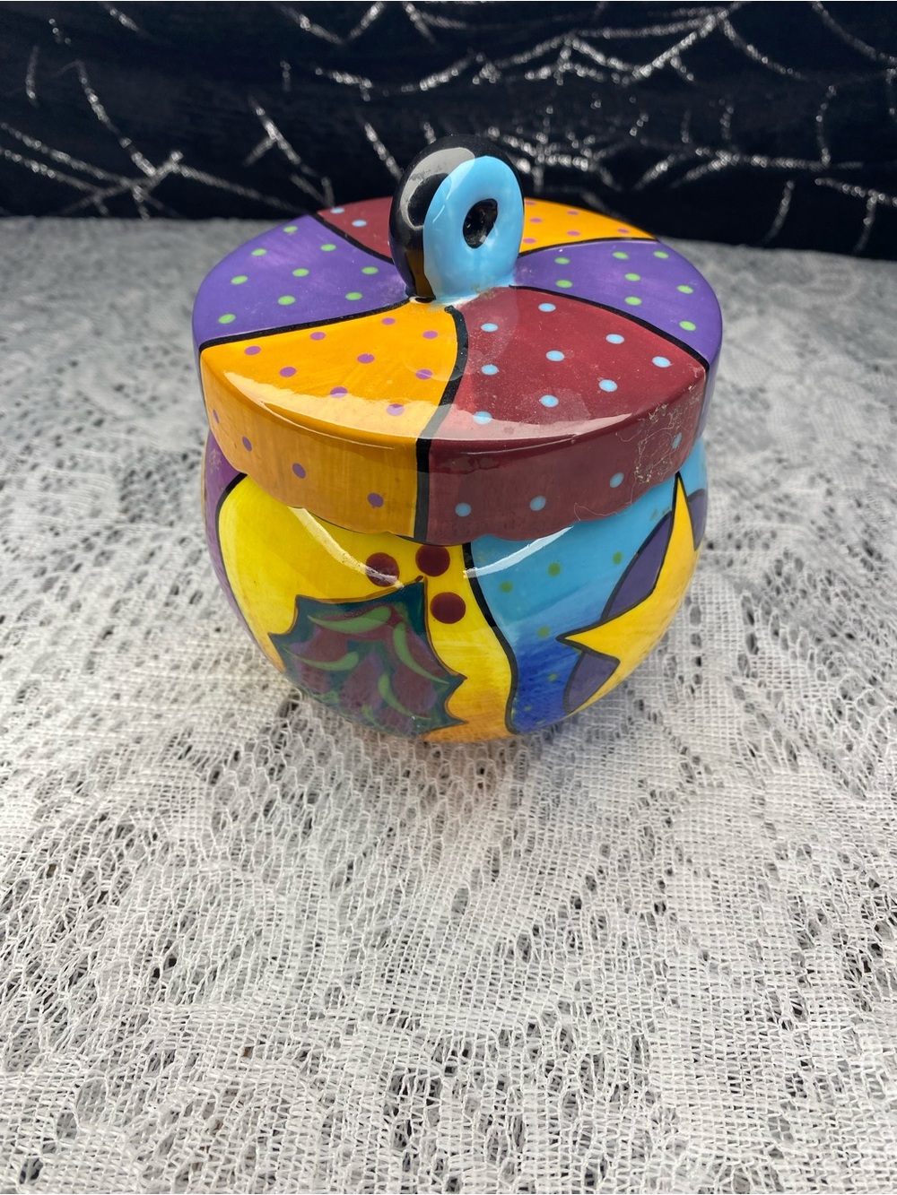 Colorful Hand-Painted Ceramic Jar with Lid